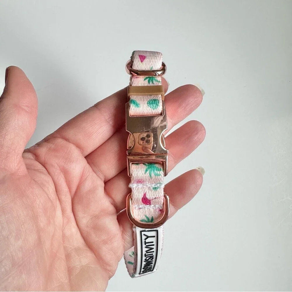 Pawsitivity Pink Pet Collar with Palm Trees Flamingos Rose Gold Clasp